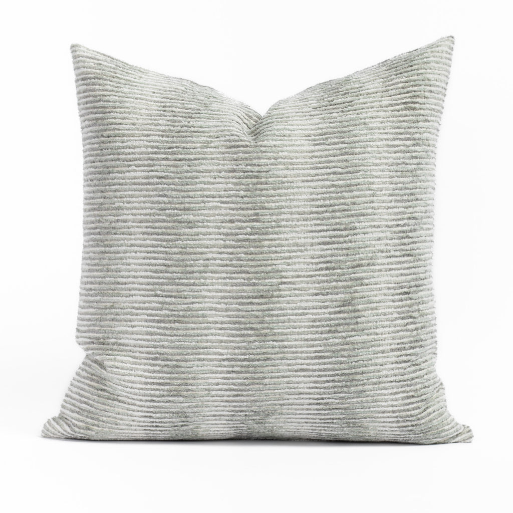Arden 20x20 Celadon Pillow, a watery cream, aqua green and grey chenille stripe throw pillow from Tonic Living