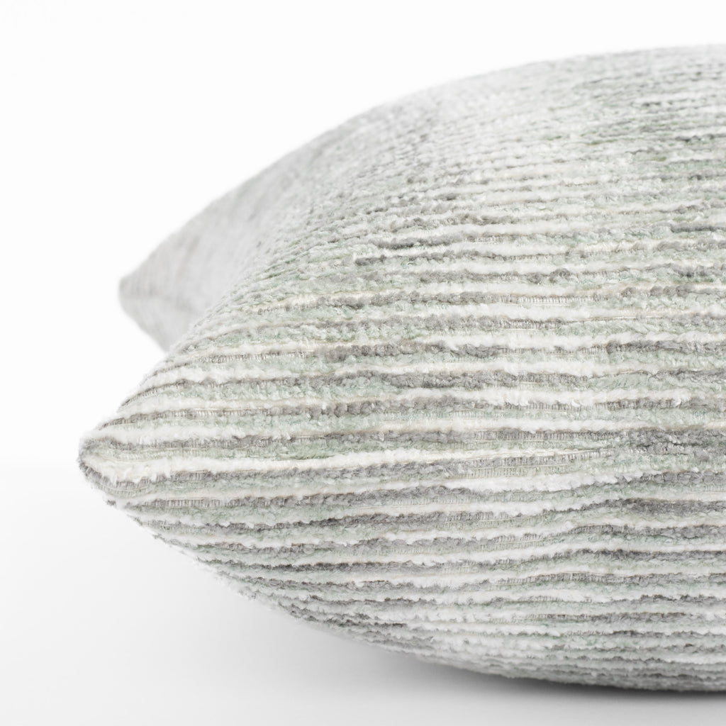 a soft cream, aqua green and gray chenille stripe throw pillow : close up side view