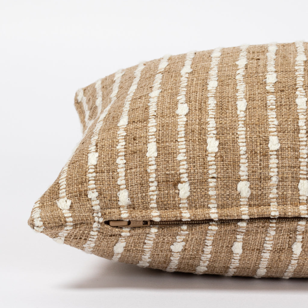 Arren camel beige lumbar pillow with cream stripes : zipper side