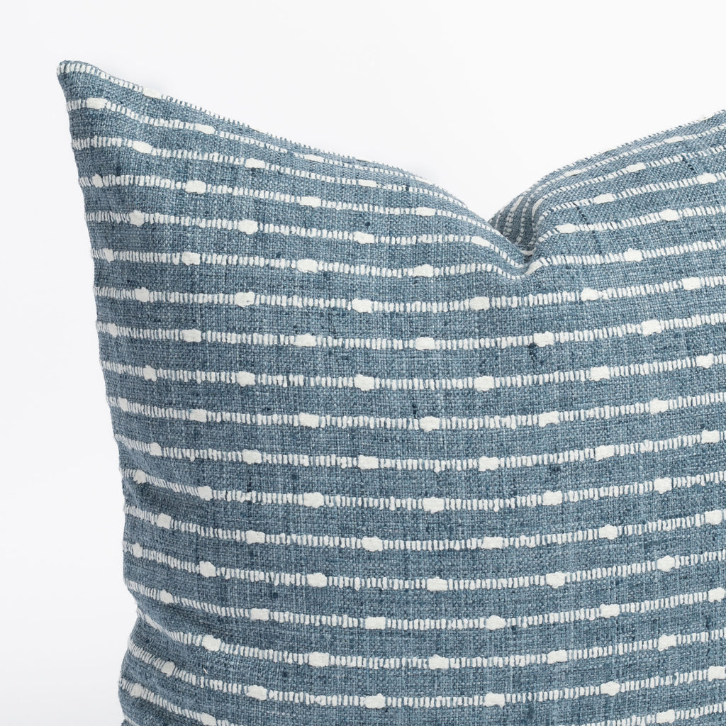 Arren 20x20 Pillow Chambray, a denim blue and cream horizontal stripe pillow : close up corner