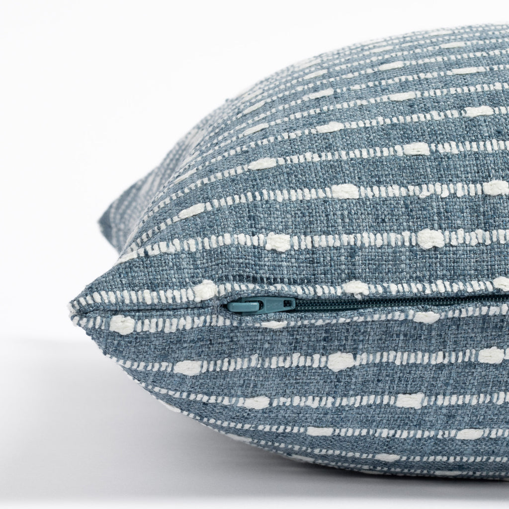 Arren 20x20 Pillow Chambray, a denim blue and cream horizontal stripe pillow : close up zipper