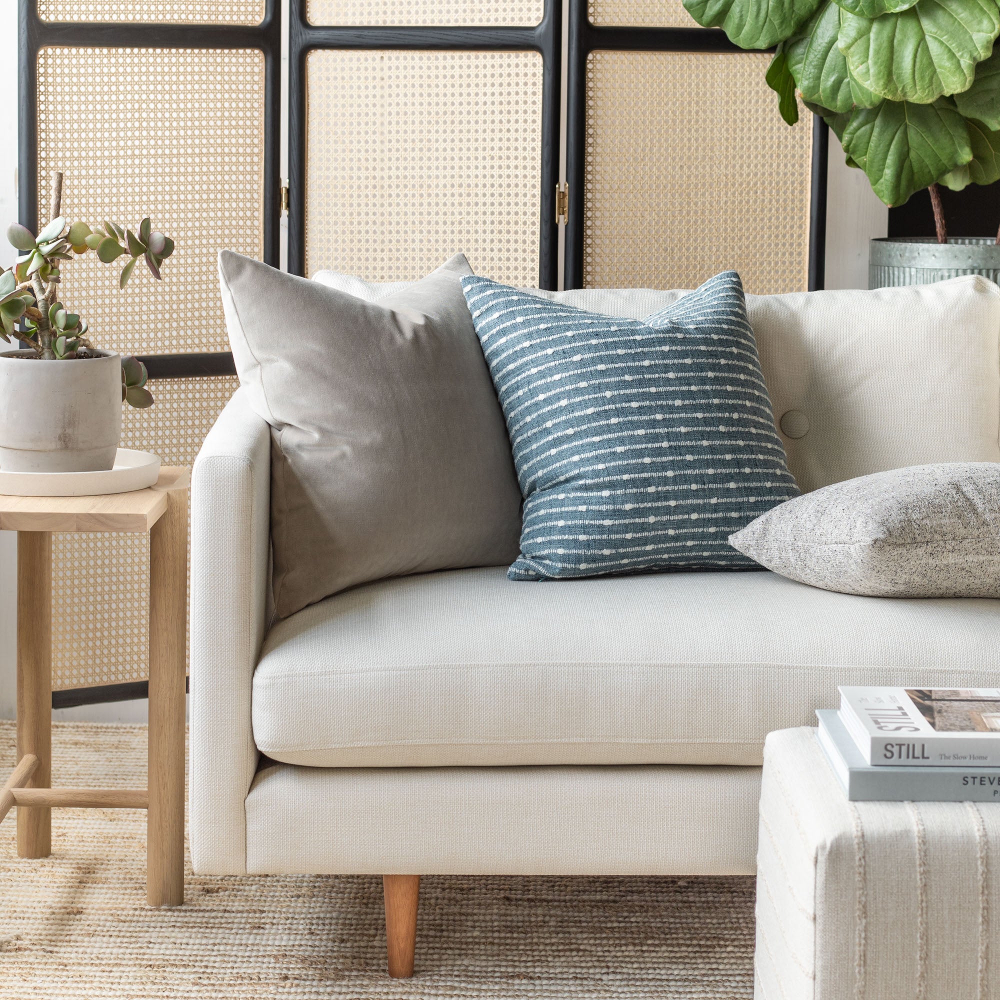 Modern decorative pillows : Arren chambray blue and cream stripe, mason mushroom grey velvet and Heywood salt and pepper pillows from Tonic Living