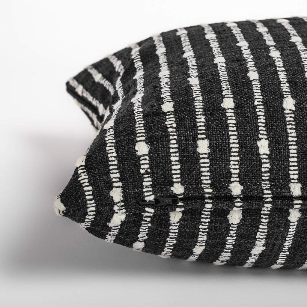black and white stripe lumbar throw pillow zipper detail