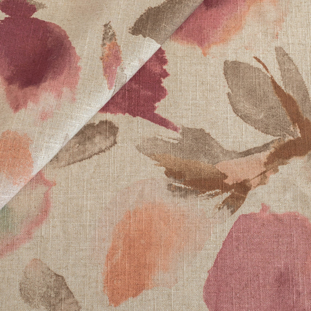 a watery raspberry pink, coral and brown floral print fabric 