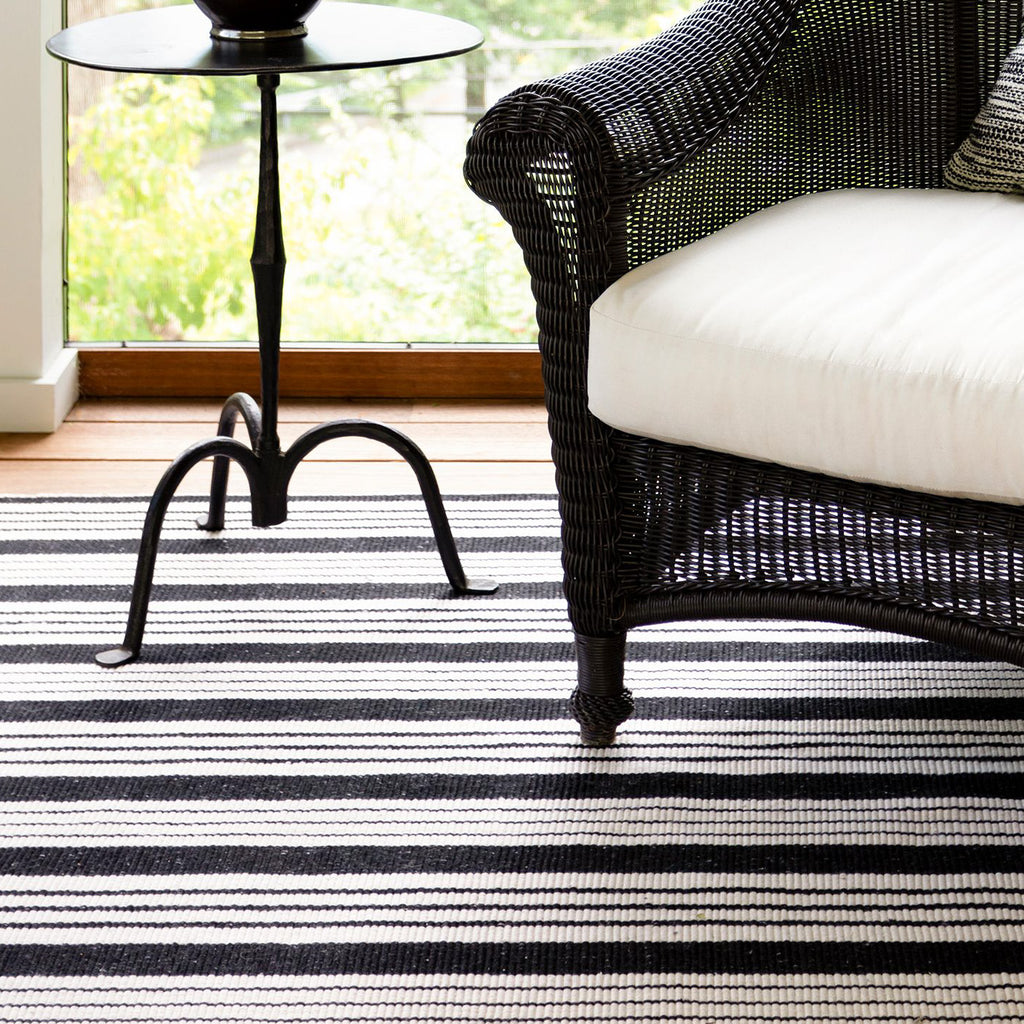 black and white striped flat weave indoor outdoor rug