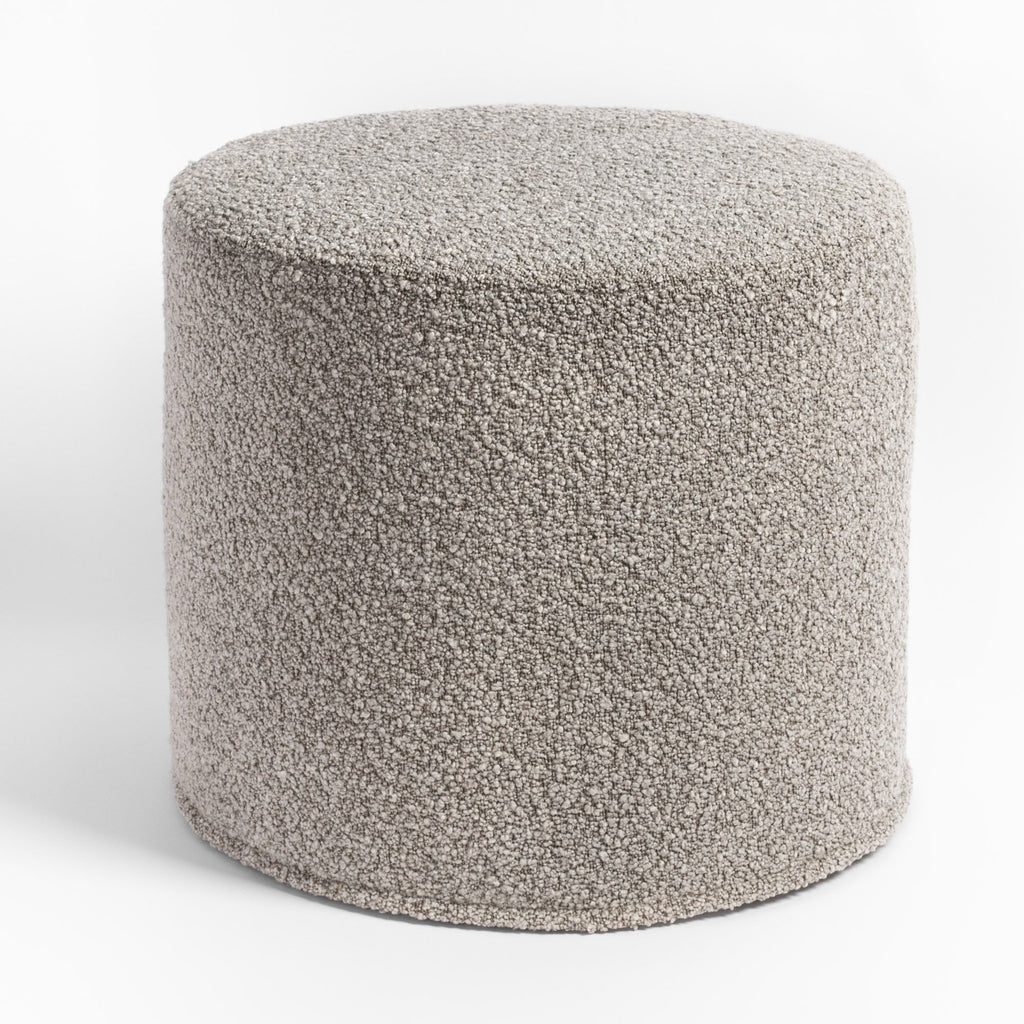 Cambie Boucle Silver Mink Ottoman, a warm grey boucle fabric round ottoman from Tonic Living