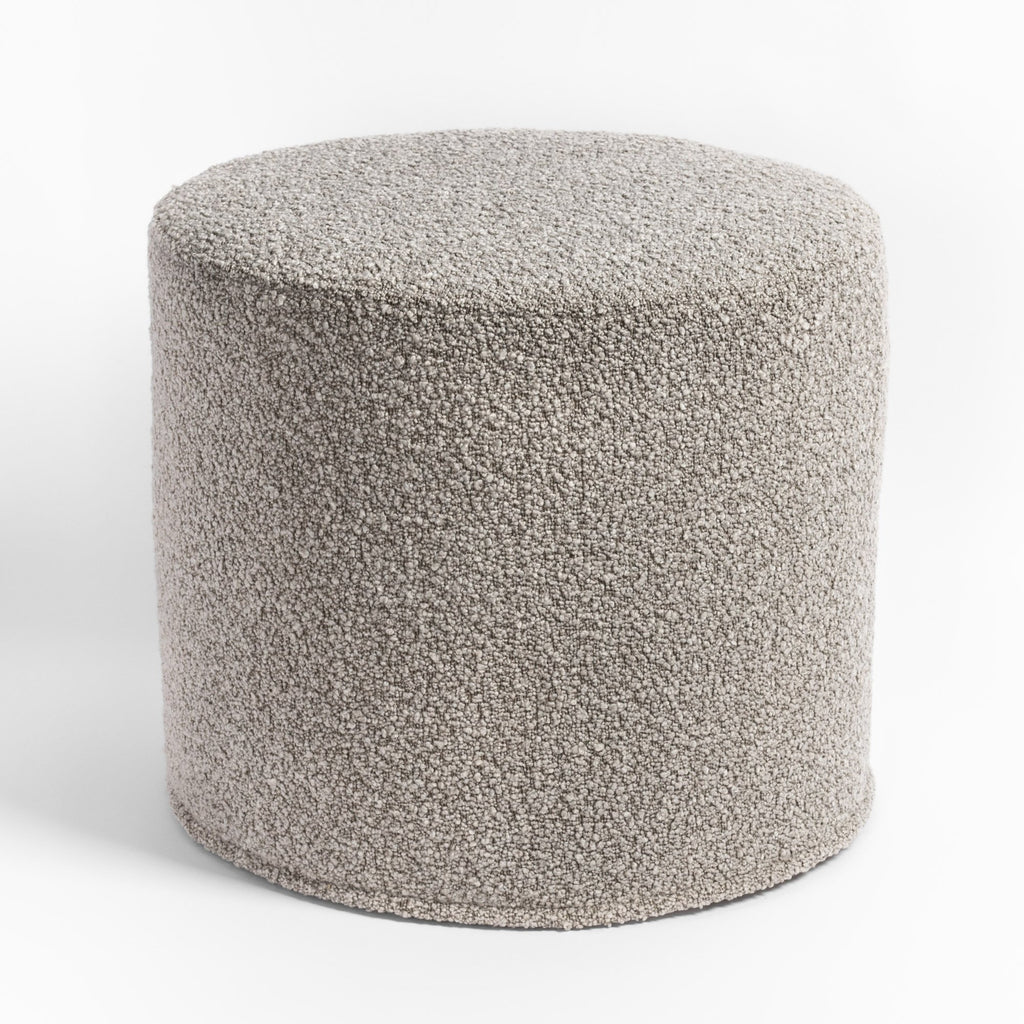 Cambie Boucle Silver Mink Ottoman, a mid grey boucle fabric round ottoman from Tonic Living