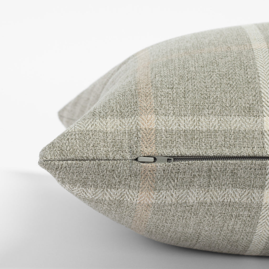 a grey, cream and camel plaid lumbar pillow : zipper detail