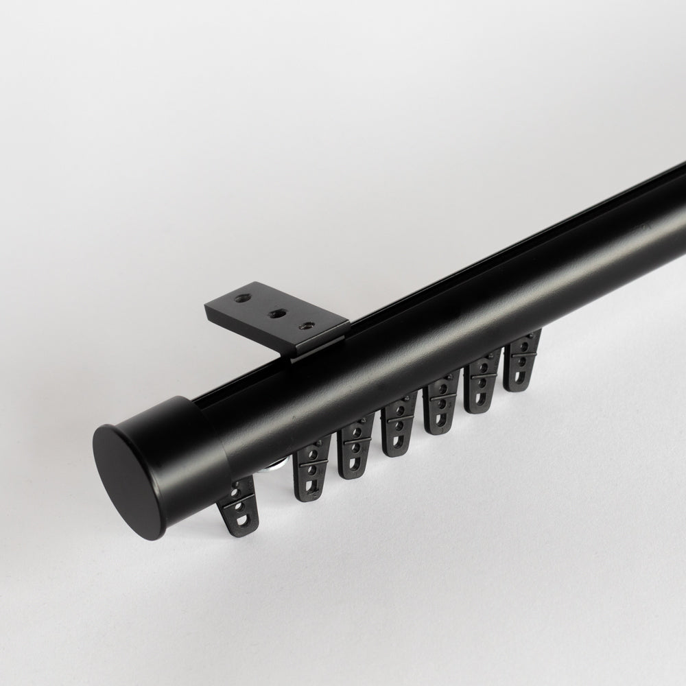 Channel Track Flush Mount Ceiling Bracket  shown with rod and carriers
