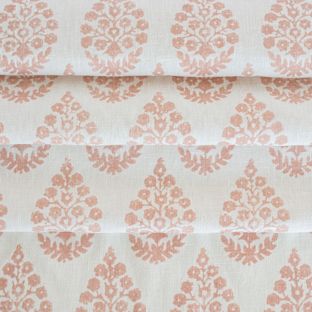 Chandra Fabric Blush Pink, a white with pink floral block print motif drapery fabric : view 5