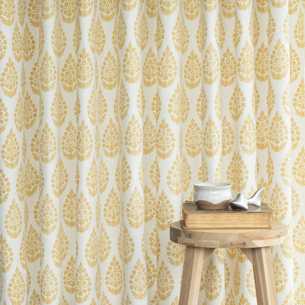 Chandra Golden Ochre floral block print drapery fabric