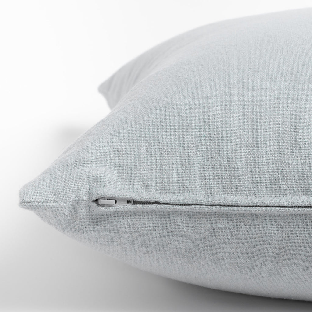 Cleary Mist blue washed linen cotton pillow : close up zipper view