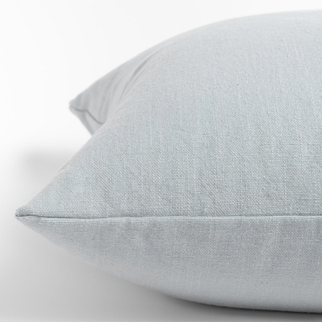 Cleary Mist blue washed linen cotton pillow : close up side view