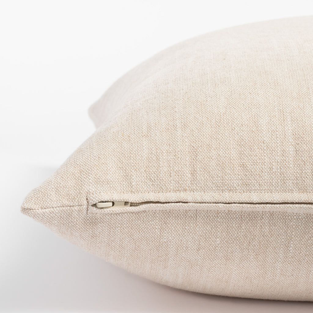 Cleary Twine Pillow, a light sandy beige washed linen cotton pillow : close up zipper side