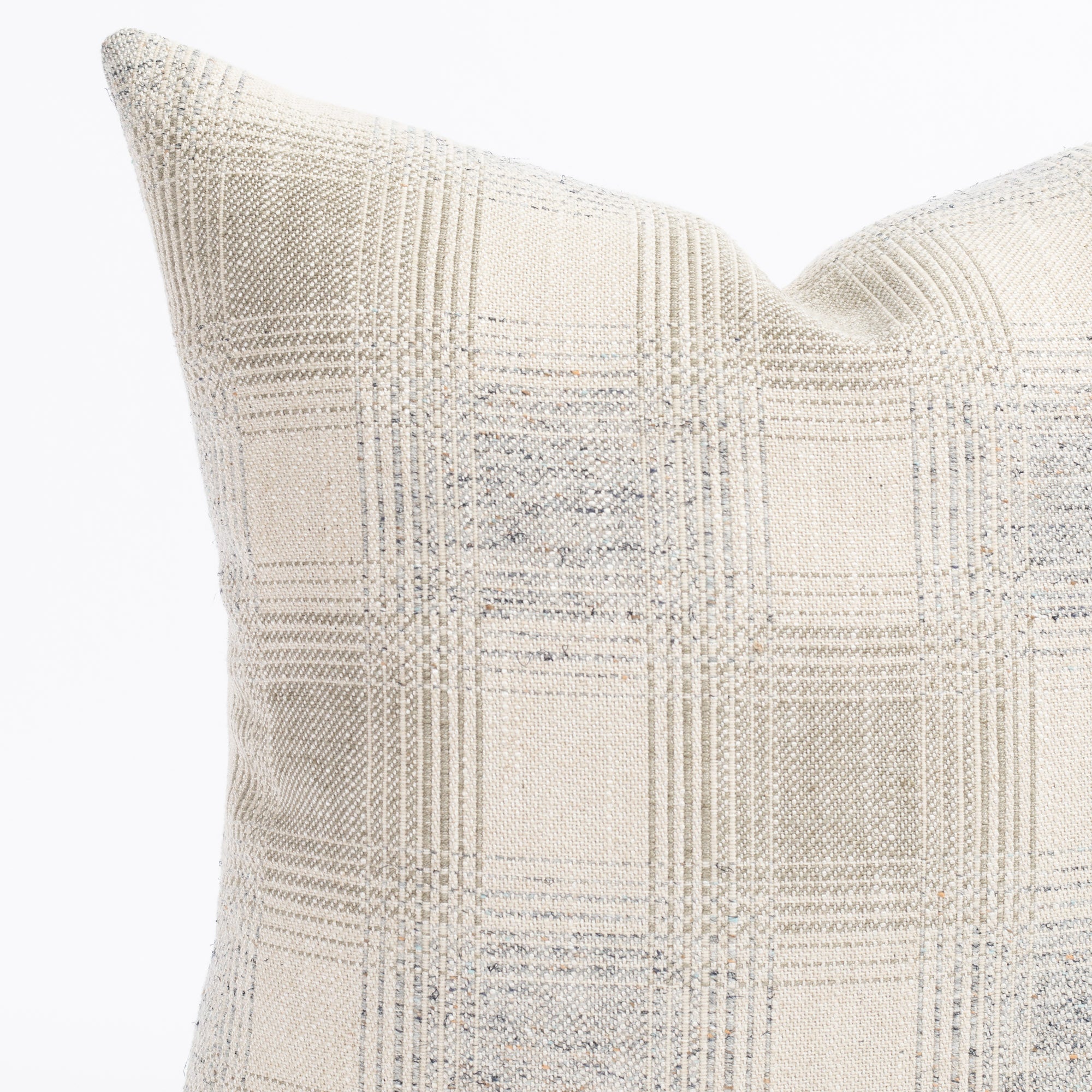 a light grey and denim blue plaid throw pillow : close up view