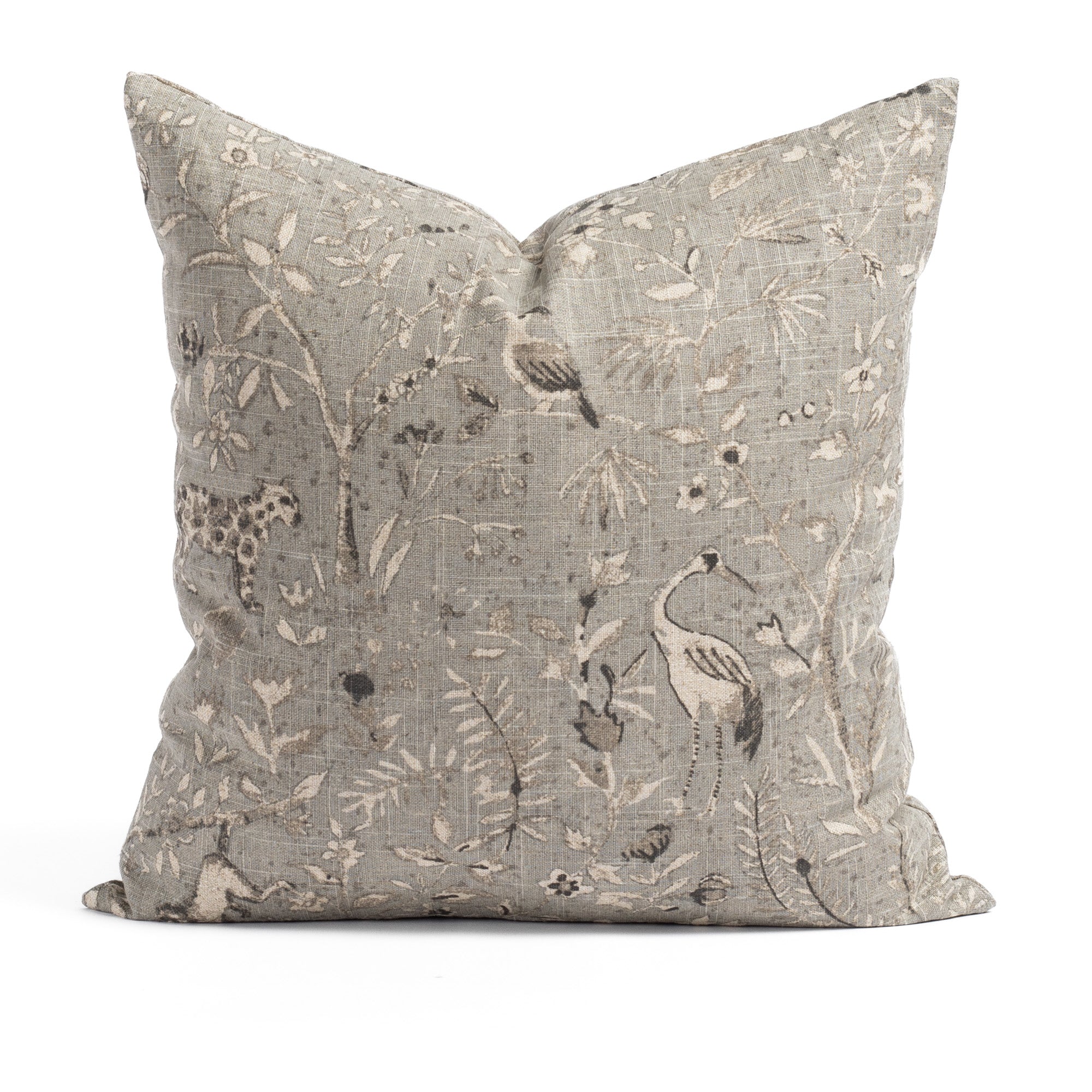 a neutral gray flora and fauna print throw pillow from Tonic Living