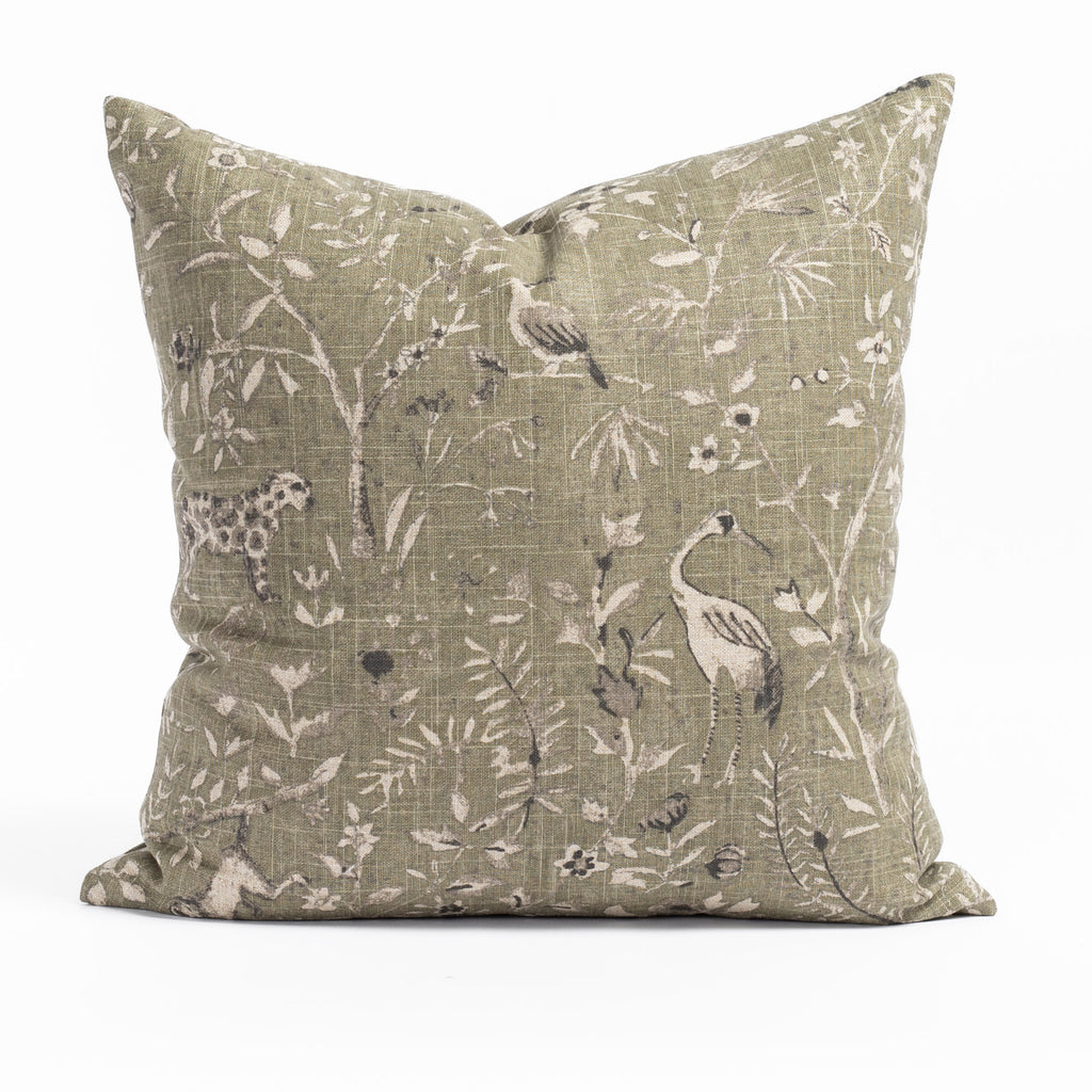 Cyprus 20x20 Moss Pillow, a sophisticated vintage flora and fauna print throw pillow from Tonic Living