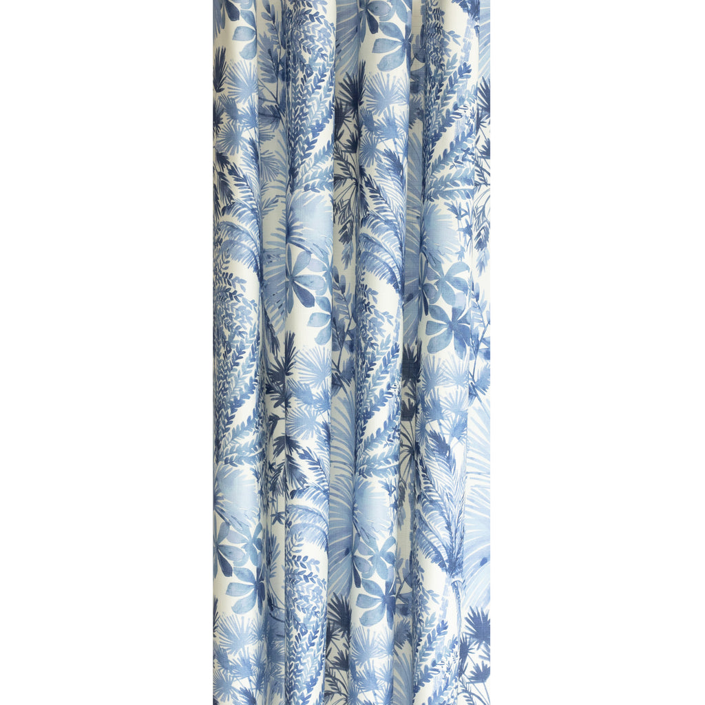 Daintree Azure Blue painterly palm leaf print drapery curtain fabric 