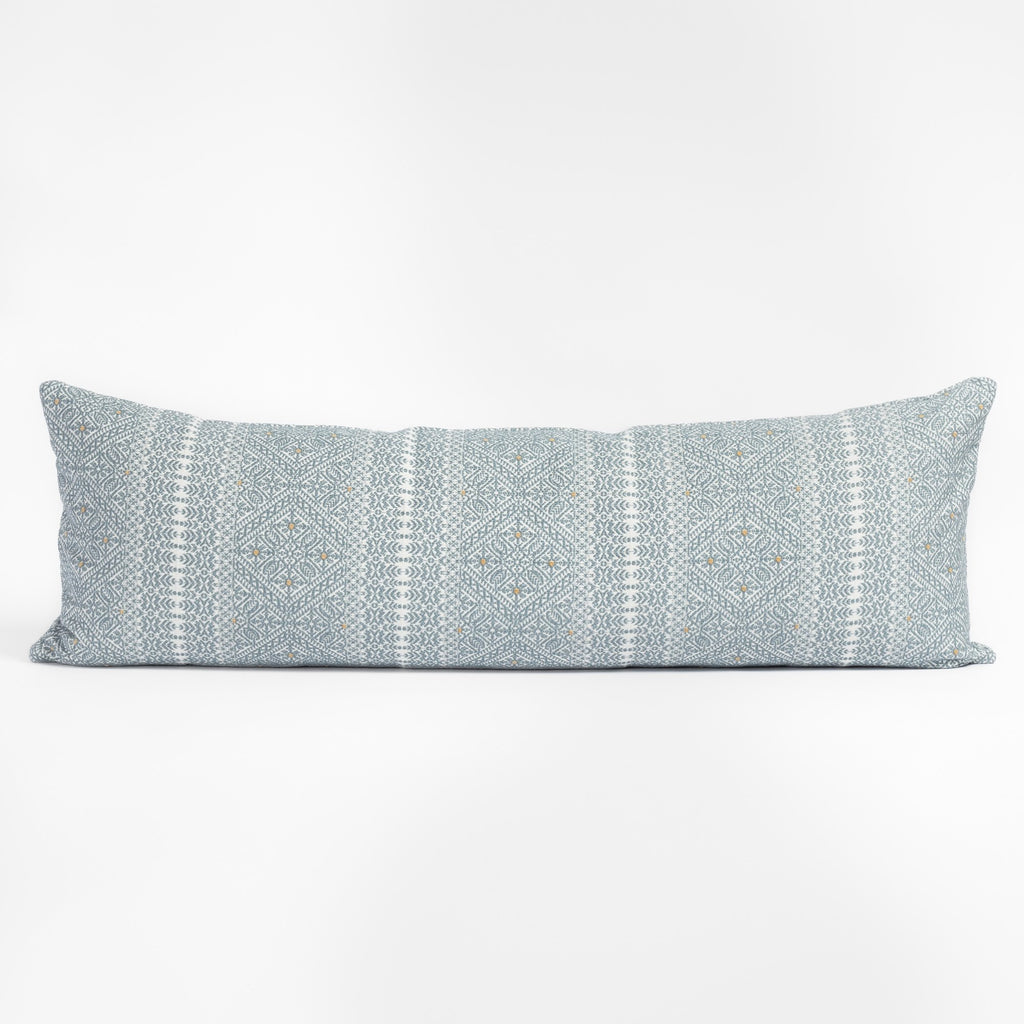 Delilah Stone Blue and white intricate brocade pattern bolster bed pillow 