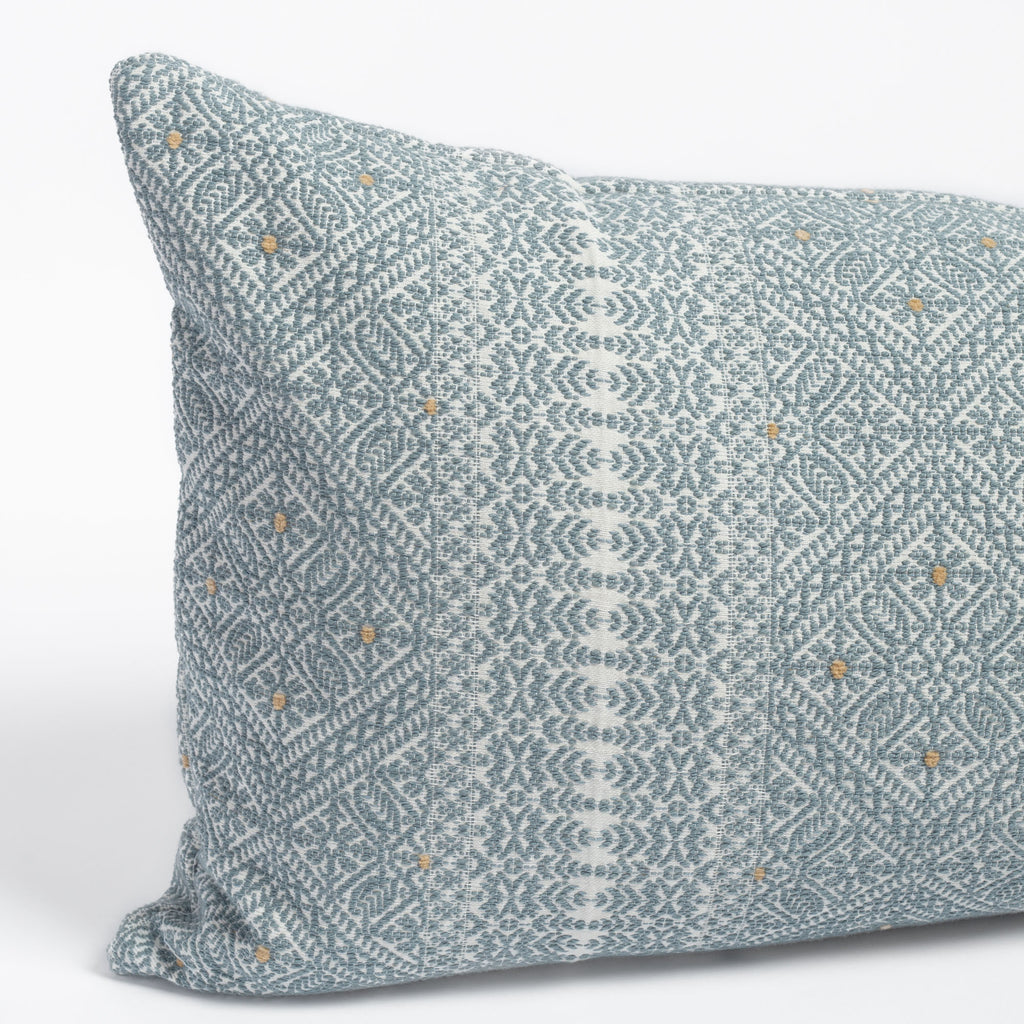 Delilah Stone Blue and white intricate lace pattern bolster bed pillow : close up view