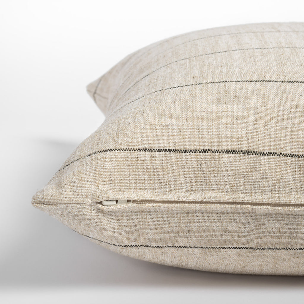Dunrobin Stripe Pillow, Burlap, a cream with black horizontal stripe pillow : close up zipper side