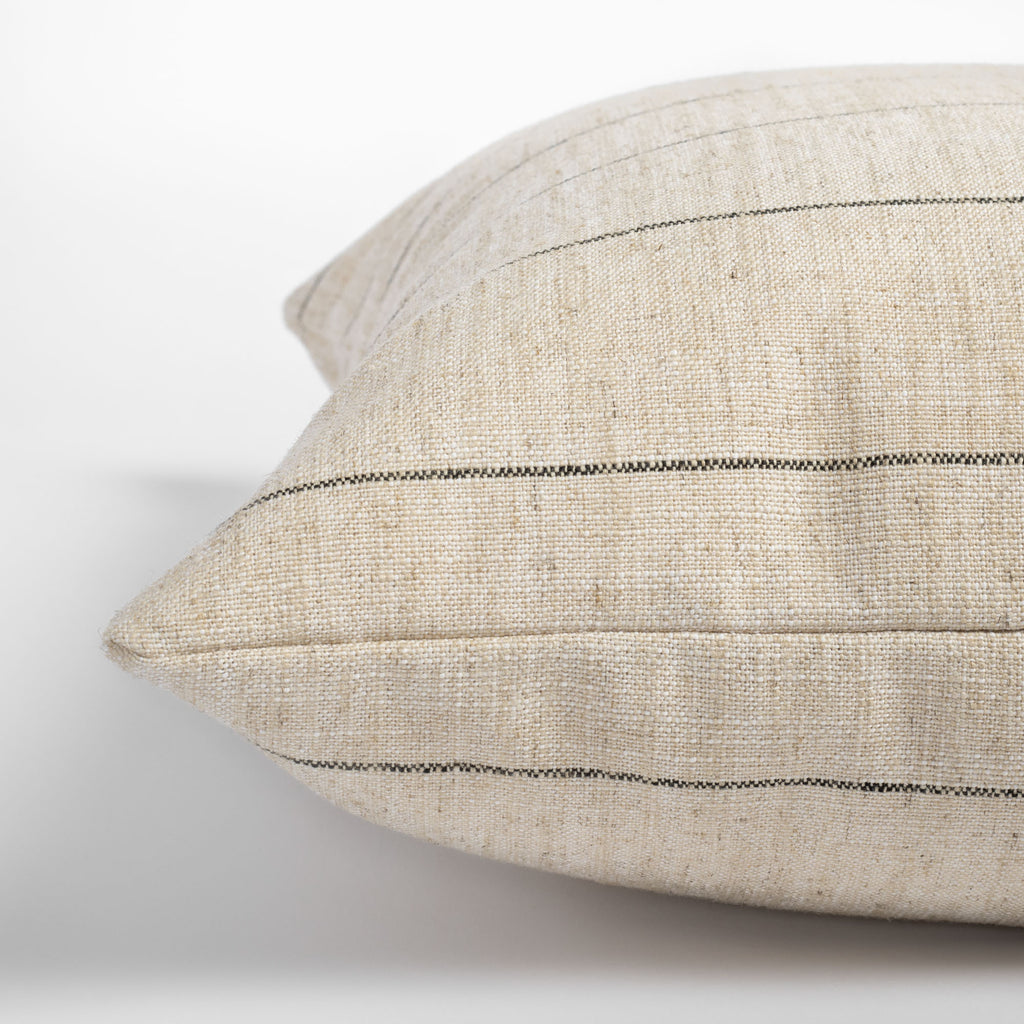 Dunrobin Stripe Pillow, Burlap, a cream with black horizontal stripe pillow : close up side view