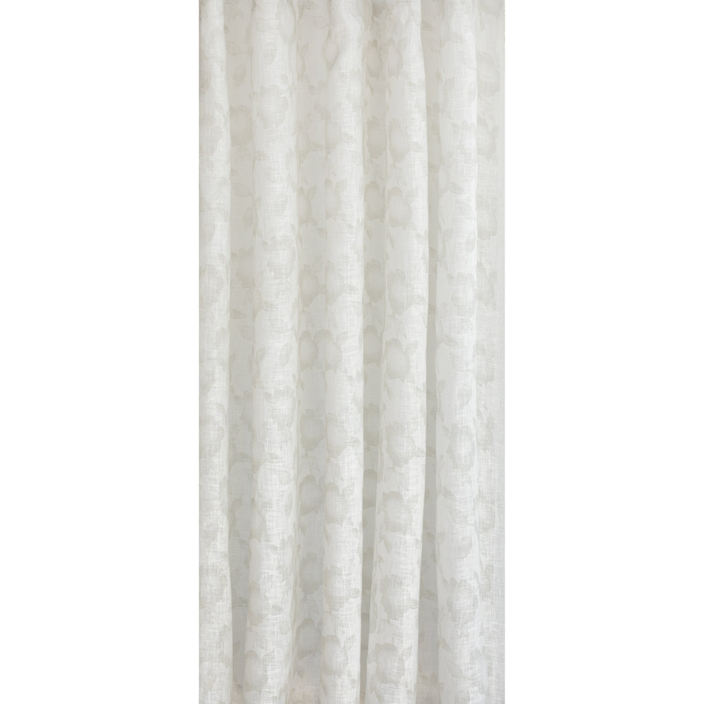 a soft white and beige floral print curtain fabric