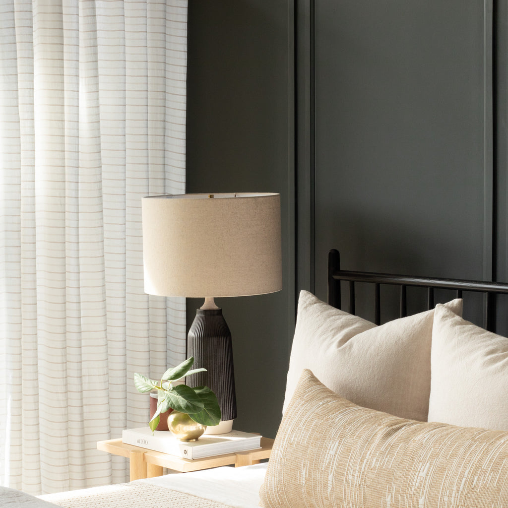 Neutral home decor: taupe and cream horizontal strip drapery