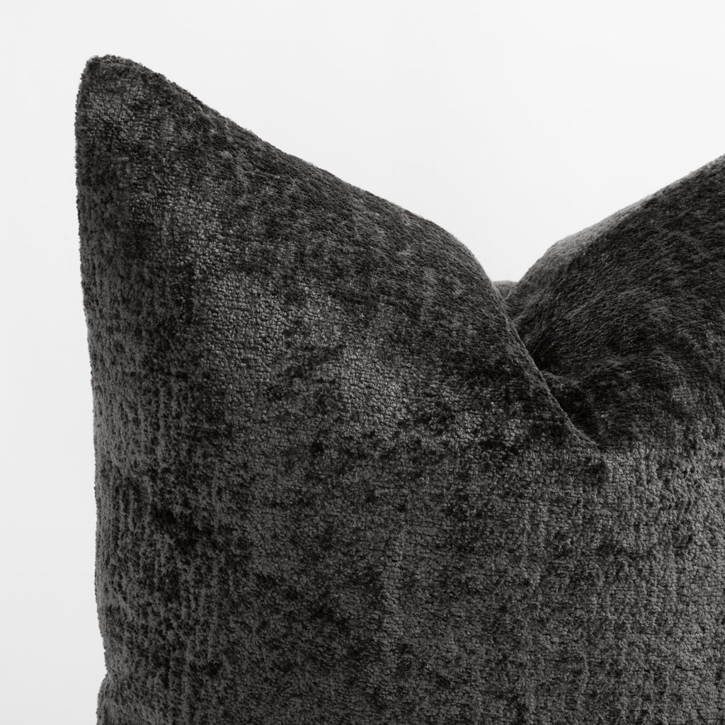 Ginsberg Velvet 22x22 Pillow Pewter, a charcoal grey velvet pillow : close up corner 