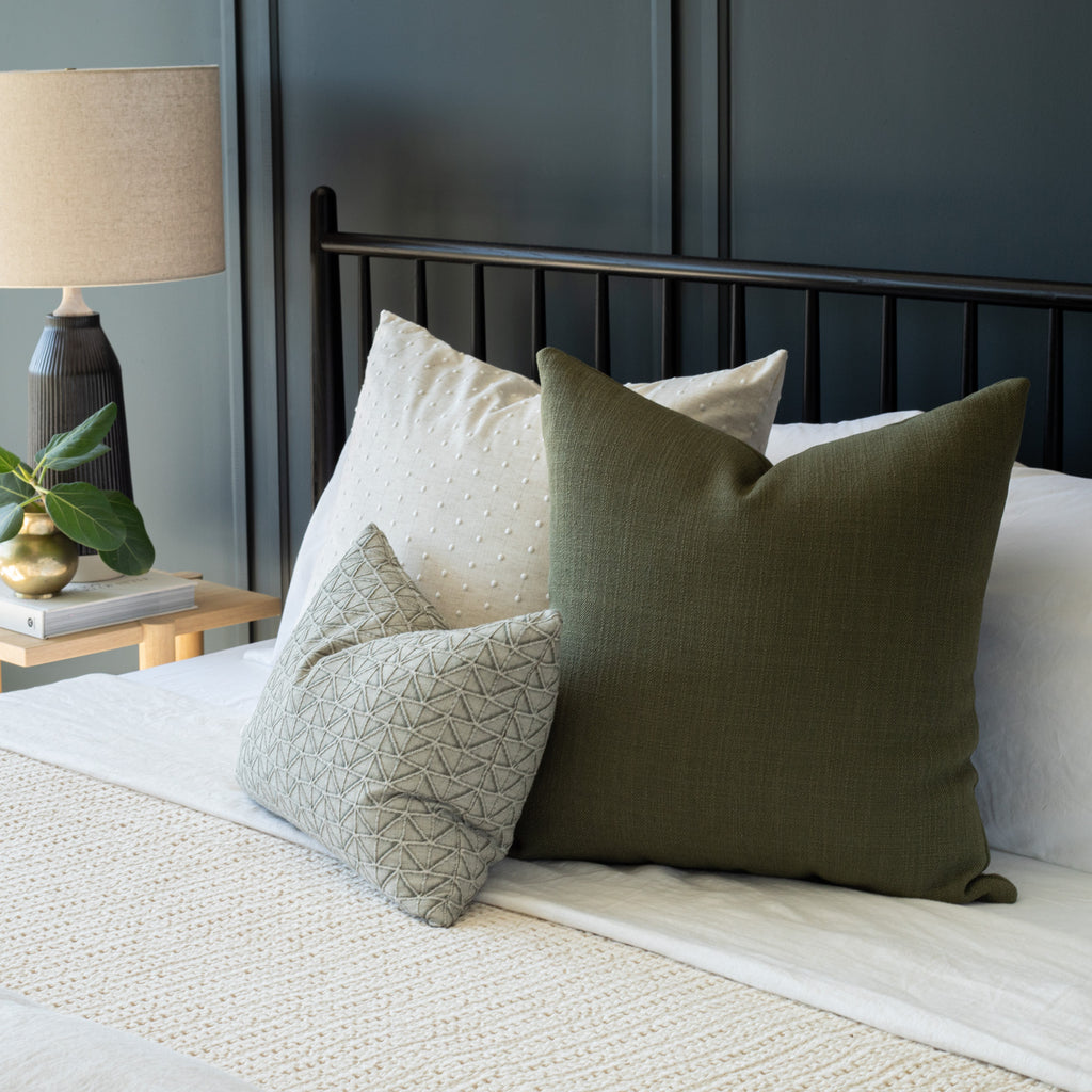Bed pillows - moss green, khaki and cream pillow scape
