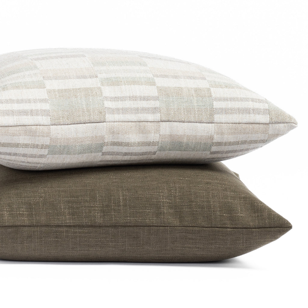 Tonic Living designer pillows: Greer Lake patchwork and Hollis Moss green throw pillows 