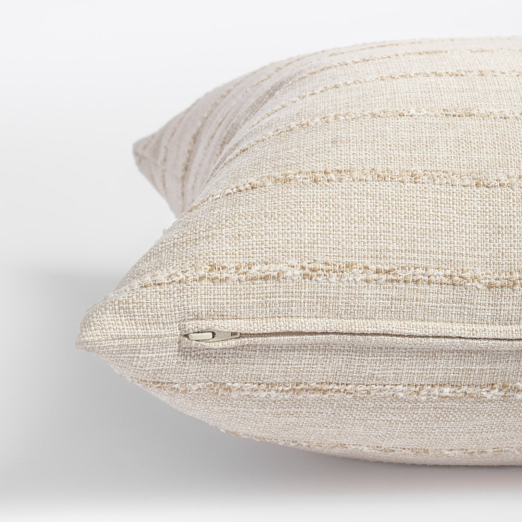 creamy beige textured stripe pillow zipper detail