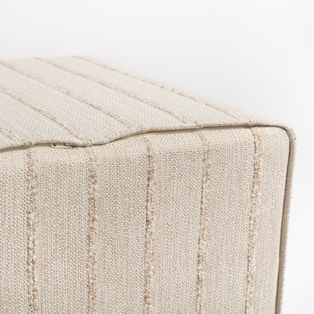 Handlavet 16x16 Cube Ottoman, Raffia: a high performance fabric, creamy straw colour, tonal stripe ottoman : close up bottom