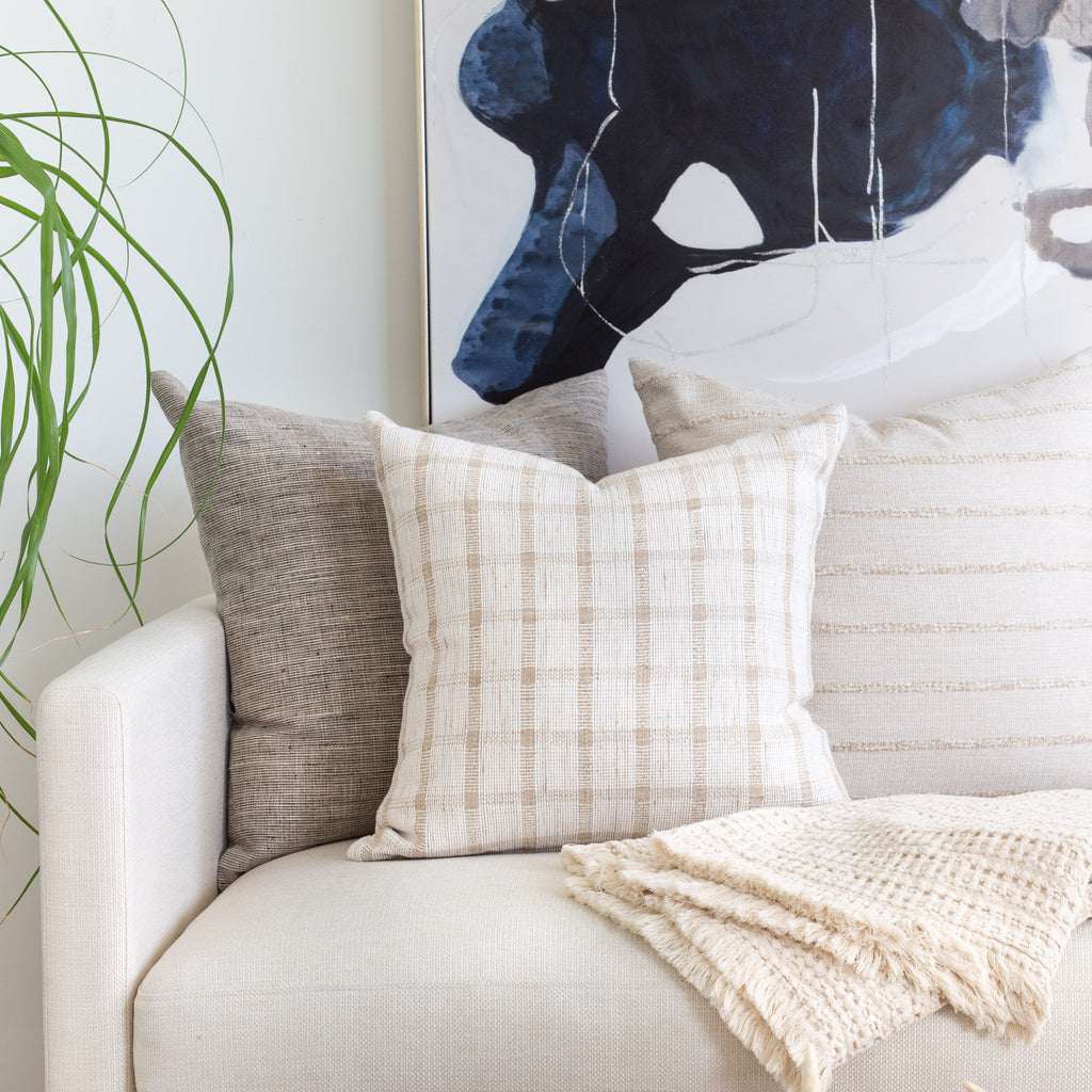 Neutral decor: Stanhope ash grey, Harriet ivory beige check and Handlavet beige stripe pillow combination