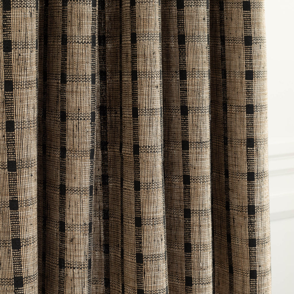a tan brown and black plaid check curtain fabric 