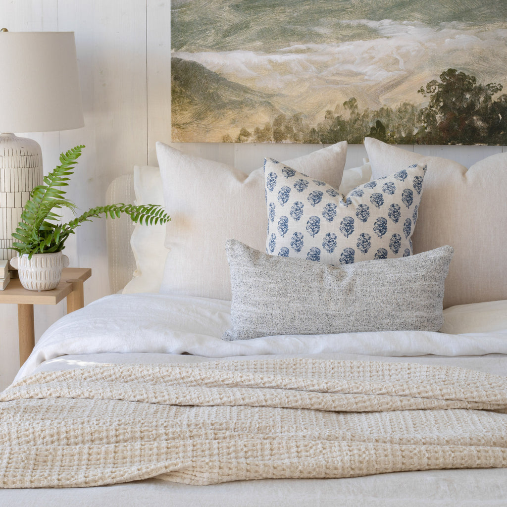 Serene bed vignette: Cleary twine, Zola blockprint indigo, Heywood pepper lumbar pillow combination from Tonic Living