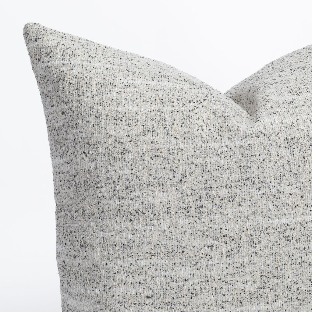 Heywood 20x20 Pillow Pepper, a cream, beige and charcoal grey speckled patterned pillow : close up top corner