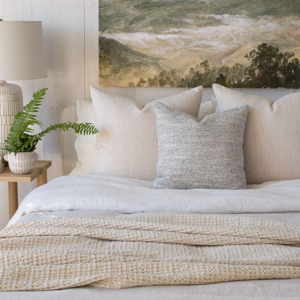 Serene bedscape : Cleary twine and Heywood Pepper pillow combination with Lena Natural Throw blanket