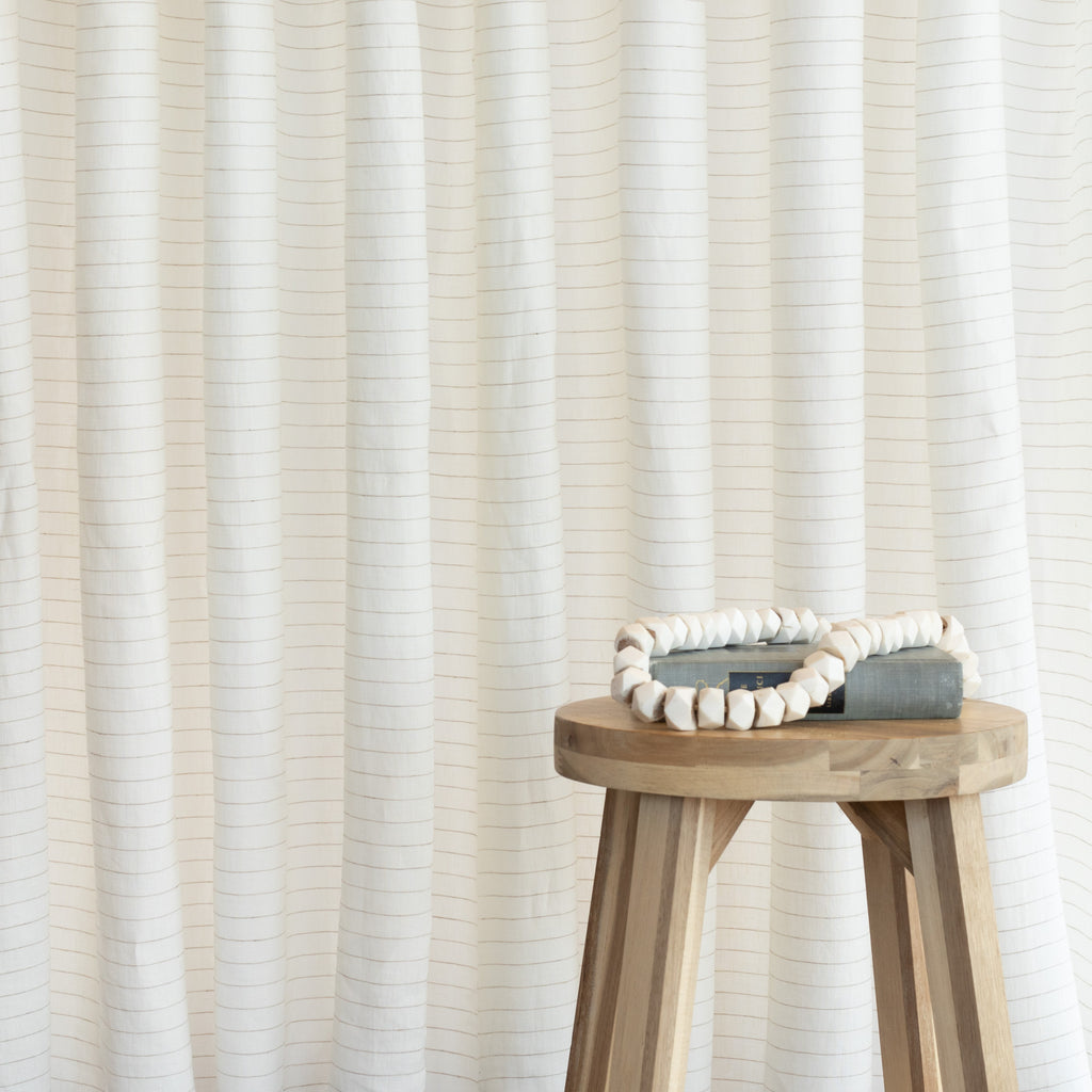 taupe horizontal pinstripe on white drapery fabric