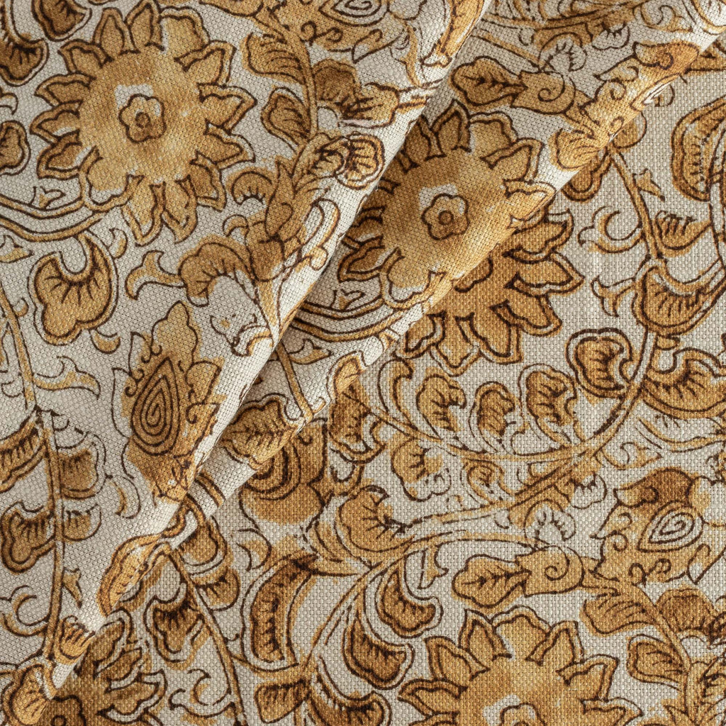 Inez Gold earth toned swirling vine and floral block print pattern designer fabric from Tonic Living