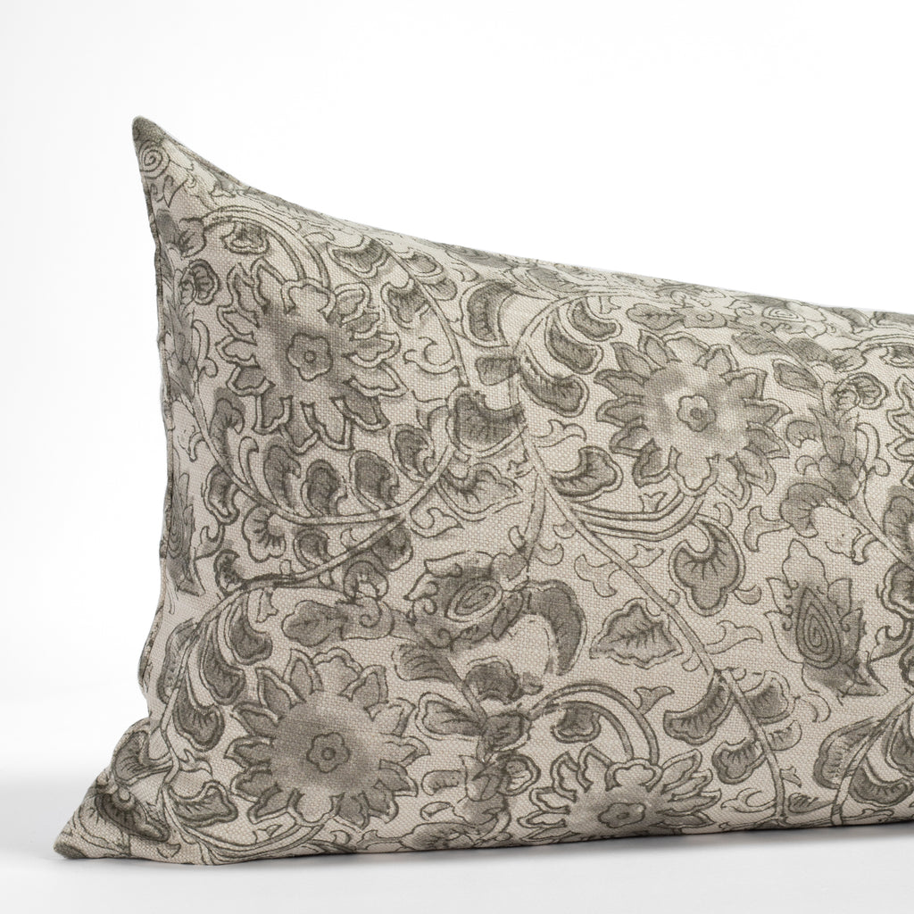 a grey swirling floral vine print bed bolster pillow