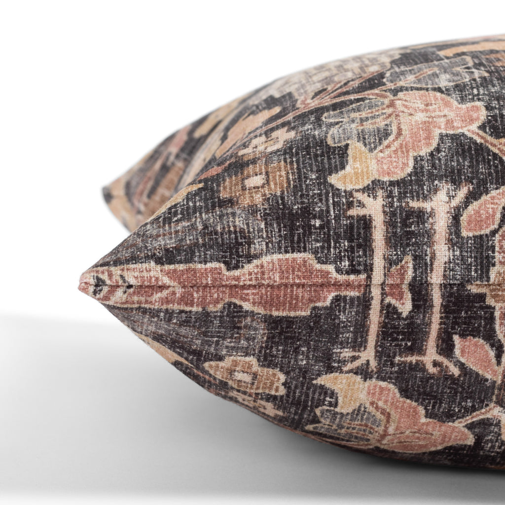 Kalida Walnut, a faded black and earth toned floral vintage tapestry print bolster pillow : side detail