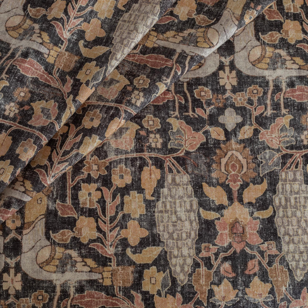 Kalida Walnut earth toned vintage tapestry bird print cotton fabric : close up view