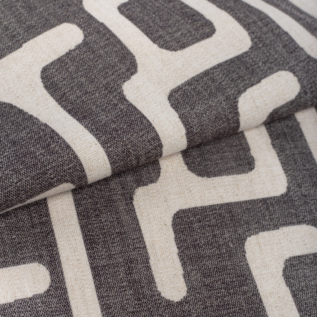 dark grey and beige block print home decor fabric