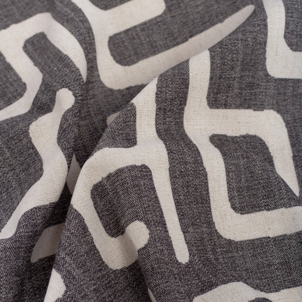 charcoal grey and beige kuba inspired print home decor fabric