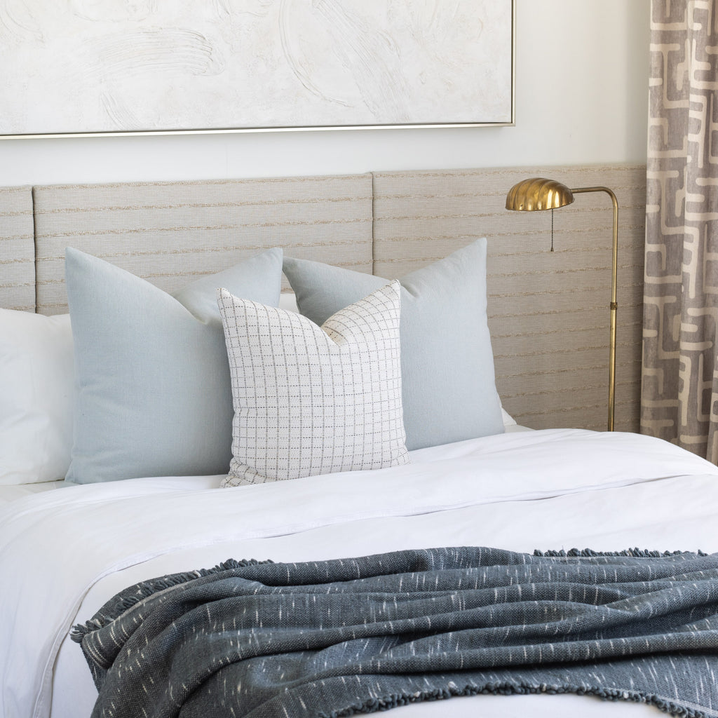 Bed pillow combo : Cleary Mist pillows with Keely Check Birch pillow with Rafael Stone Blue throw blanket