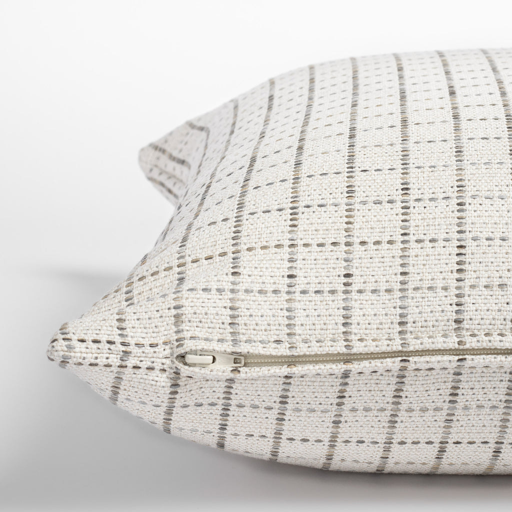 Keely Check Birch, a cream and greige windowpane check pillow : zipper detail