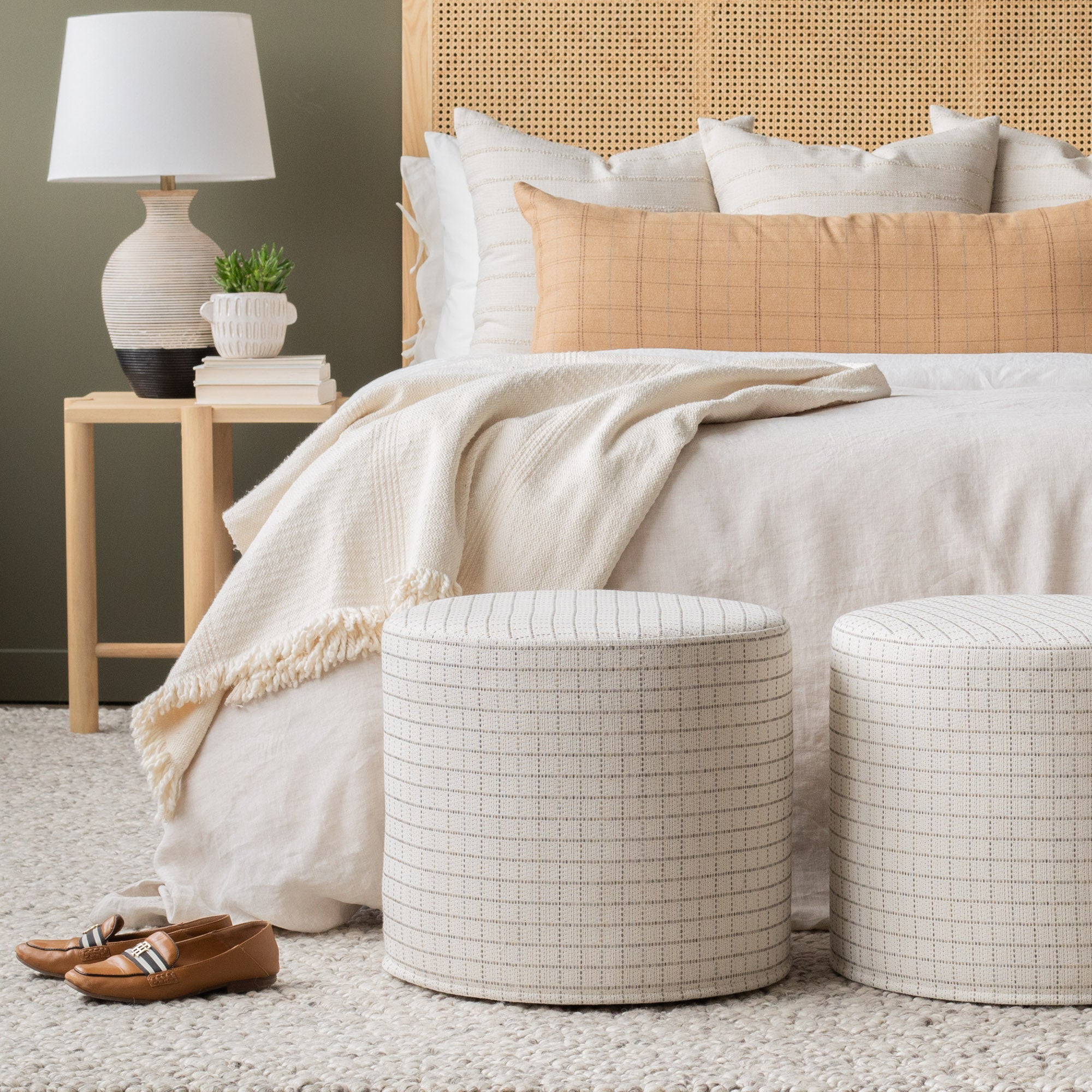 Keely Check 18x16 Round Ottoman Birch Cover Only