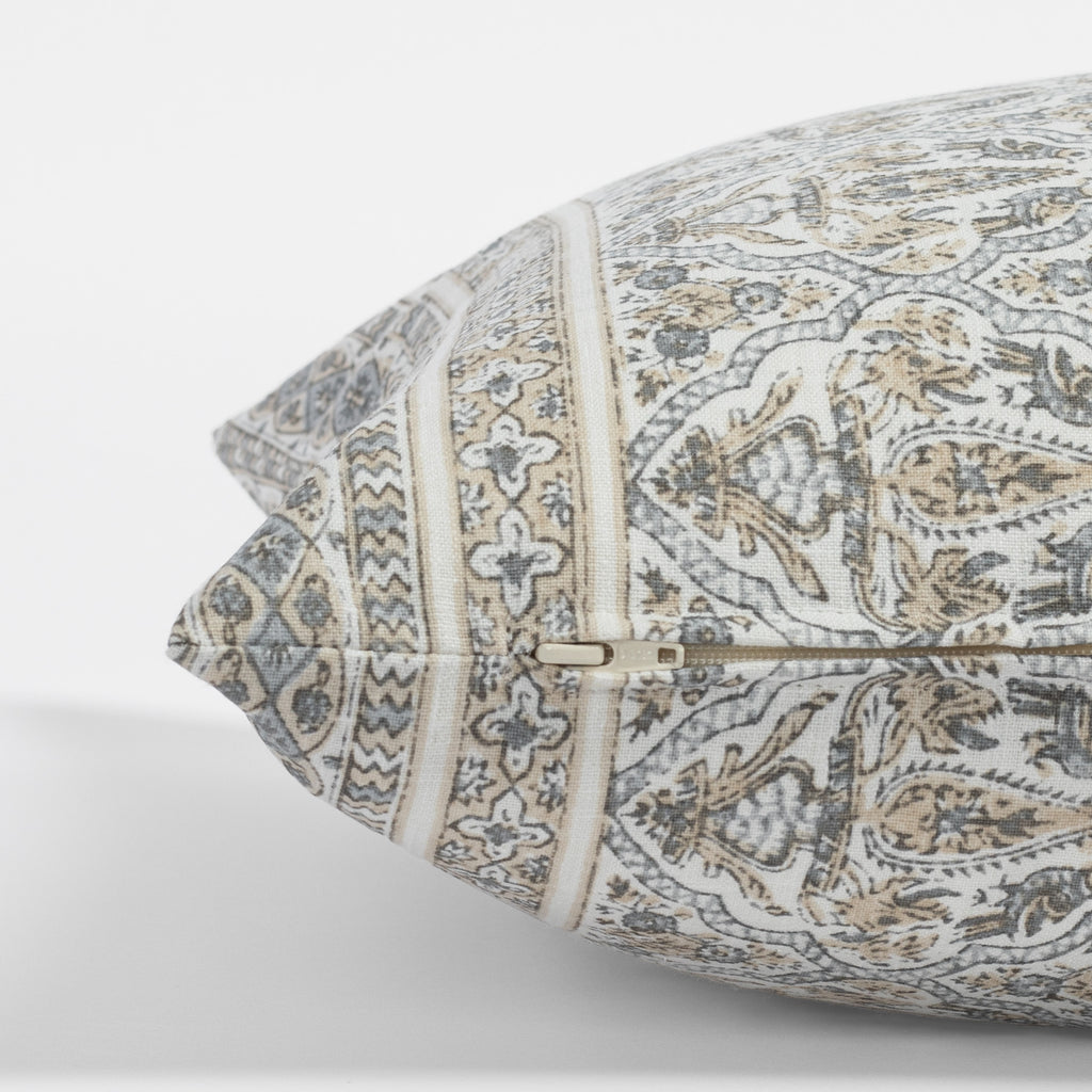 a tan and light blue-grey motif intricate block print throw pillow : zipper detail