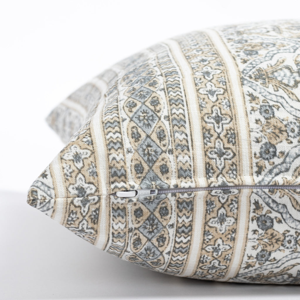 Lasha, a tan and light blue-grey block print throw pillow : zipper detail